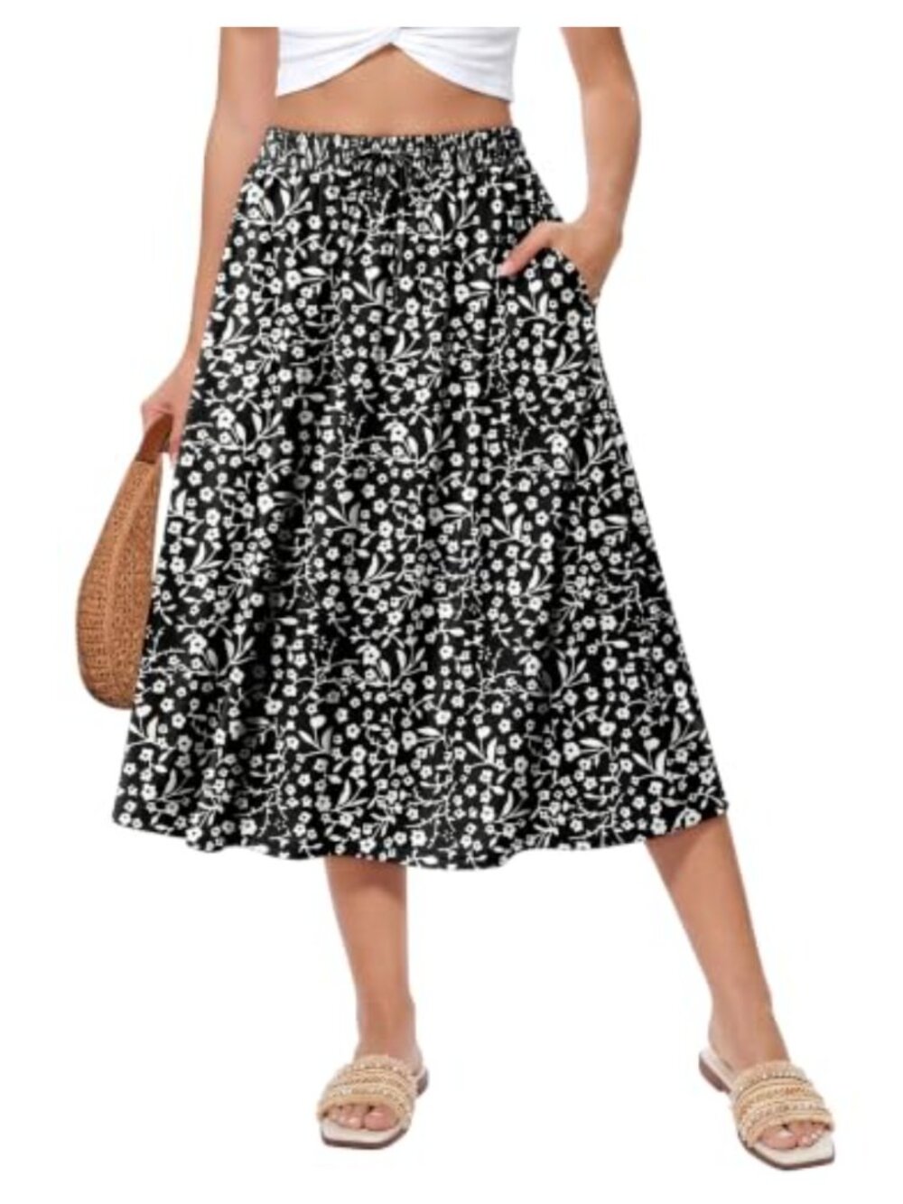 Women's High Waist A-Line Midi Skirt Floral Print Casual Work Skirt with Pockets